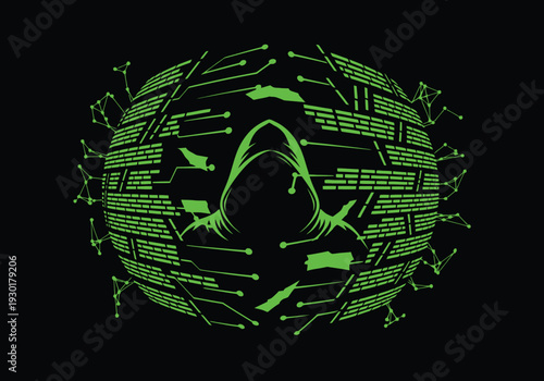 Hacker silhouette in green digital matrix sphere on black background