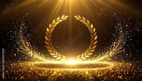 Luxury golden laurel wreath on sparkling stage with glowing lights　黄金の月桂冠が輝く豪華なステージとキラキラした粒子の抽象背景素材　イラスト