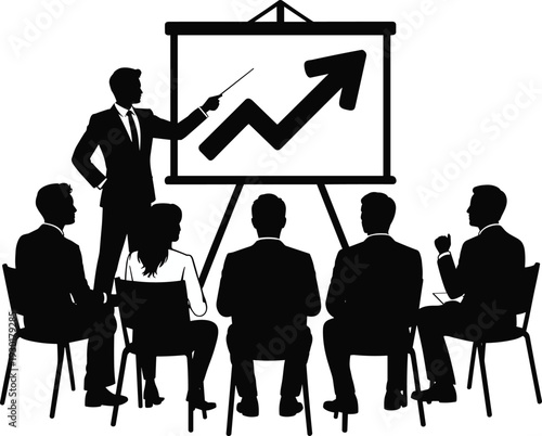 Business presentation with team analyzing growth chart, corporate training and financial success concept silhouette isolated on white background