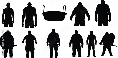 Human silhouette illustration, worker figures, tactical roles, minimal vector art, black white design, combat concept, labor archetypes, bold creative occupational drawing