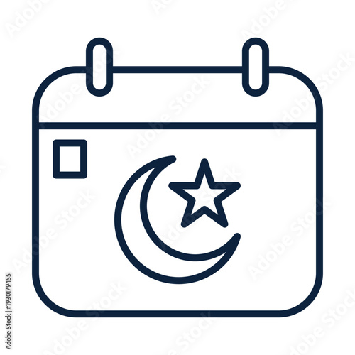 A dark blue outline of a calendar page with a moon and star