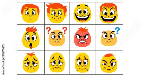 Collection of various cartoon faces expressing different emotions and feelings in a grid.