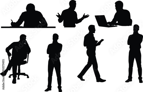 Office worker silhouette, professional activity poses, minimal vector art, black white design, workplace behavior concept, creative ergonomic illustration, bold corporate drawing