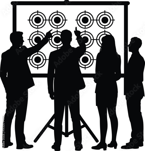 Business team analyzing target board strategy presentation, corporate planning and goal setting concept silhouette isolated on white background