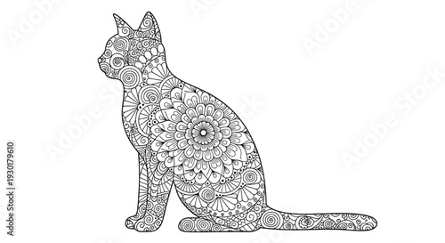 Cat zentangle silhouette with intricate floral mandala doodle pattern, black and white line art illustration for coloring page