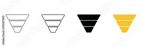 Set of minimalist funnel icons with transparent background, depicting data filtering, sales process stages, user interface elements, and information flow, vector illustration