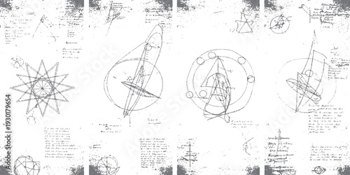 Collage of intricate scientific drawings and faded handwritten text on grunge paper, historical blueprint style for unique backgrounds.