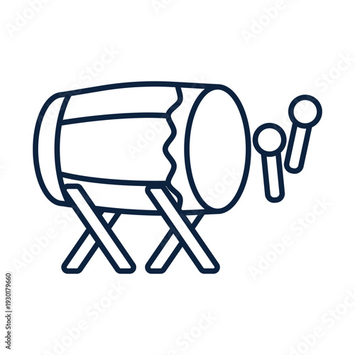A line drawing of a barrel drum on a stand with drumsticks