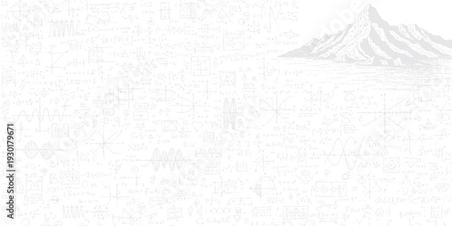 Collage of mathematical formulas and scientific graphs overlaying a mountain landscape, abstract concept for knowledge and discovery.