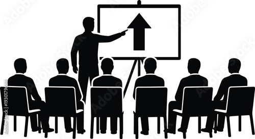 Business training presentation with upward arrow chart, corporate growth and leadership seminar silhouette isolated on white background