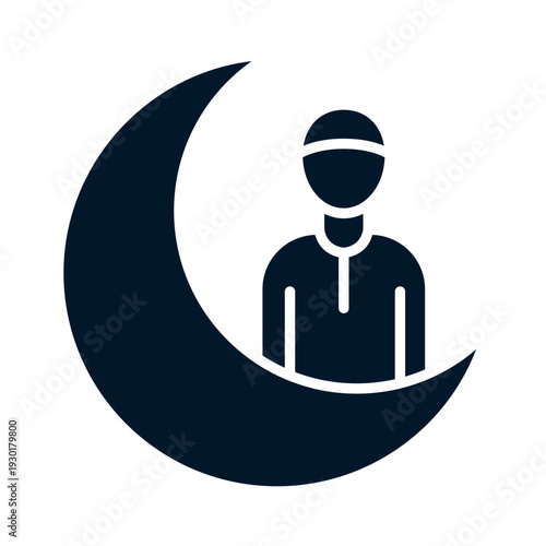 A silhouette of a person in a prayer cap and tunic stands in a dark crescent moon
