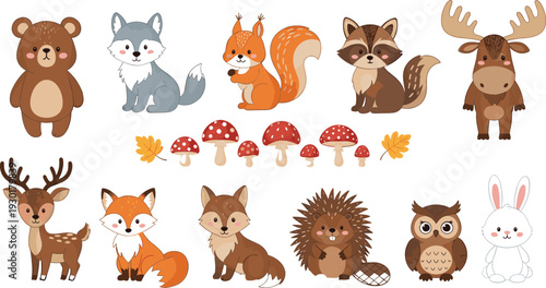 PrintCute woodland forest animal illustration set with bear fox deer owl raccoon rabbit mushrooms for kids design, nursery art, education, and playful vector artwork