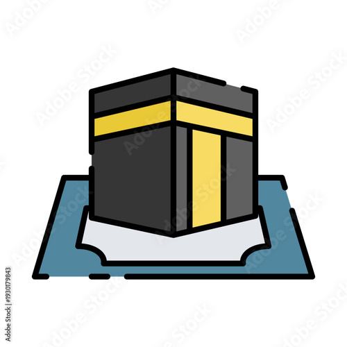 A simplified icon of the Kaaba a cuboid structure on a blue mat