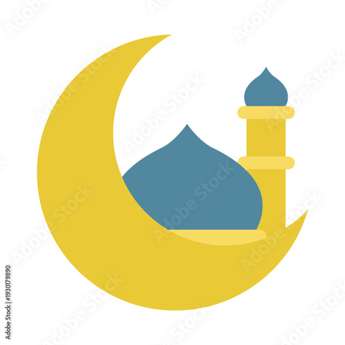 A yellow crescent moon frames a blue mosque dome and minaret