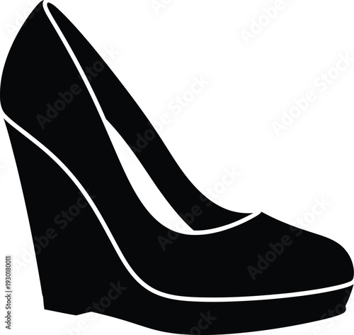 Black silhouette of a stylish high-heeled wedge shoe for women on a white background.