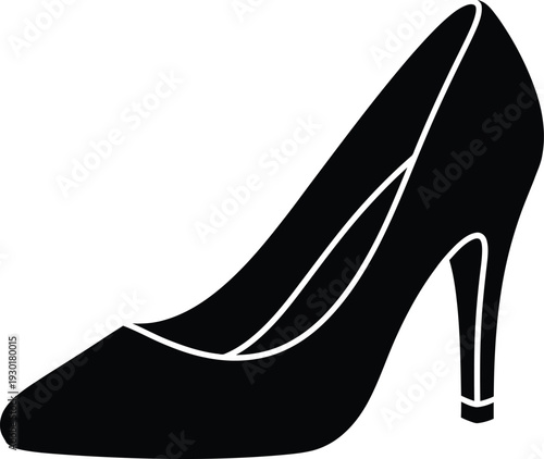 Black silhouette of a classic high-heeled pump shoe isolated on a white background.