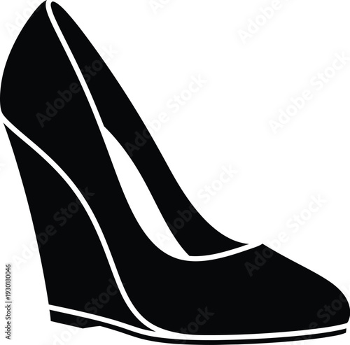 Black silhouette icon of a stylish women's wedge heel shoe isolated on a white background.