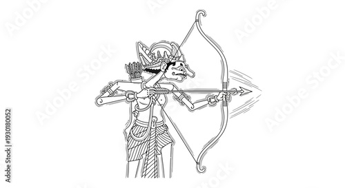 Wayang Kulit Archer Drawing: Traditional Indonesian Puppet Character Aiming Bow and Arrow