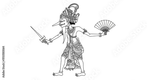 Wayang Kulit Shadow Puppet: Traditional Indonesian Javanese Character with Fan and Dagger
