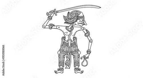 Wayang Kulit Shadow Puppet Warrior with Sword, Traditional Indonesian Art