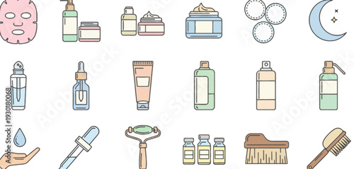 Collection of beauty and skincare icons featuring products and tools for a nighttime routine in a simple illustration style
