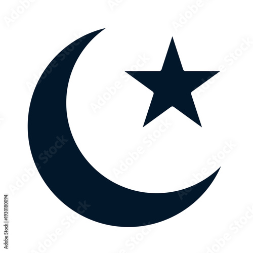 Dark blue crescent moon with star on white background