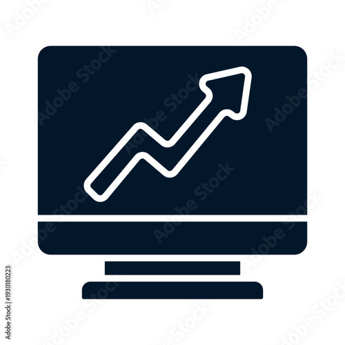 Dark blue monitor screen with a white upward trend graph