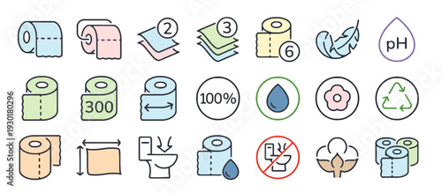 Collection of simple icons representing bathroom essentials and hygiene products displayed on a clean white background from a straightforward viewpoint