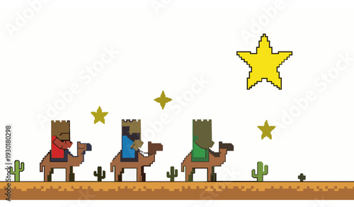Retro 8 Bit Three Wise Men Nativity Journey Pixel Vector Christmas Illustration