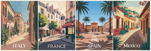 Collection of retro-style travel posters featuring stylized cityscapes of Italy, France, Spain, and Mexico. Flat illustrative design with bold outlines, warm sunlight, long shadows
