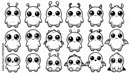 Cute kawaii micro monsters character sheet illustration featuring various adorable creatures in a grid layout from a front viewpoint