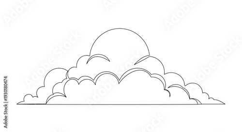 Stylized Sun Behind Cumulus Clouds Line Art Illustration