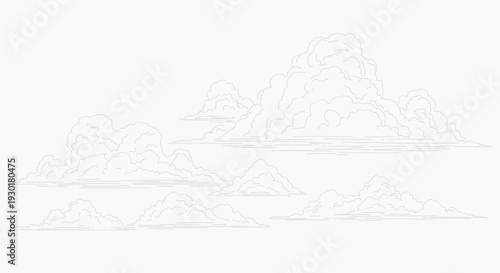 Stylized Sketch of Cumulus Clouds on White Background, Minimalist Line Art