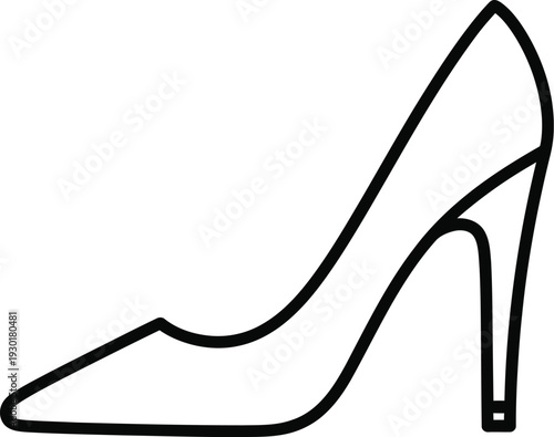 Black and white line art icon of a classic high heel stiletto pump shoe for women fashion.