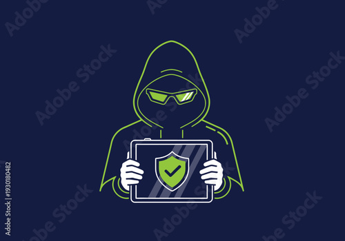 Hacker in green hoodie holding tablet with security shield icon