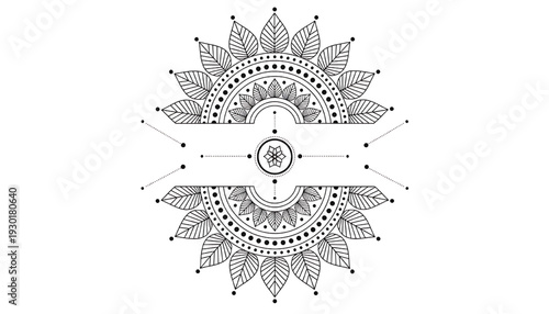 Mandala floral frame with leaf ornament, circular boho line art, blank banner label for logo, greeting card, tattoo design