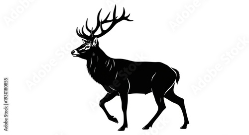 Black Silhouette Deer with Antlers Running.