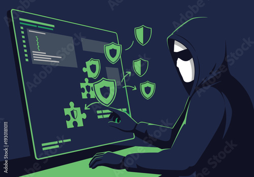 Person in hoodie interacting with green digital security interface