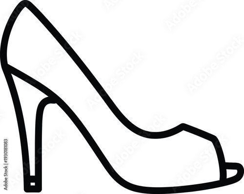 Minimalist black and white line art illustration of a classic high-heeled peep-toe shoe.