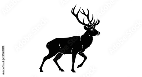 Black Silhouette Deer with Antlers Running.