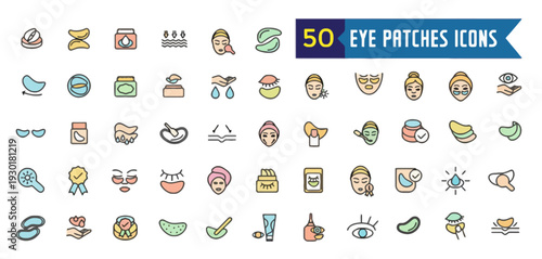 Collection of 50 colorful eye patch icons, a diverse assortment of medical, pirate, and fashion elements