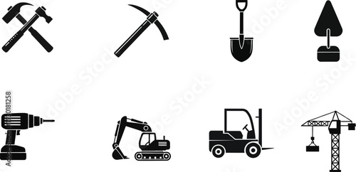 Construction and excavation tools and machinery icons