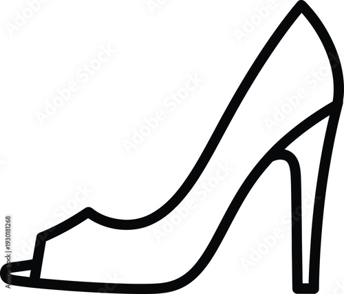A simple black and white line drawing of a women's high-heeled stiletto peep-toe shoe icon.