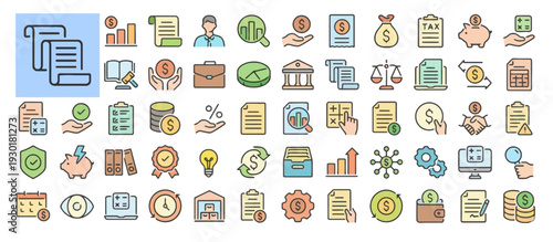 Collection of modern business icons representing various finance, technology, and management concepts in a grid layout