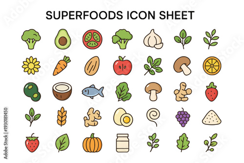 Assorted superfoods icons collection featuring vegetables, fruits, and nuts in a grid layout on a clean background from a straightforward viewpoint