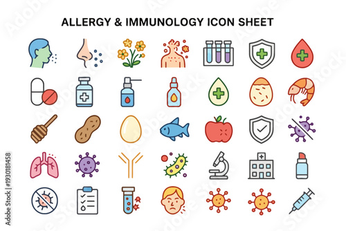 Collection of allergy and immunology related icons representing various medical concepts and elements in a visual icon sheet format from a straightforward viewpoint