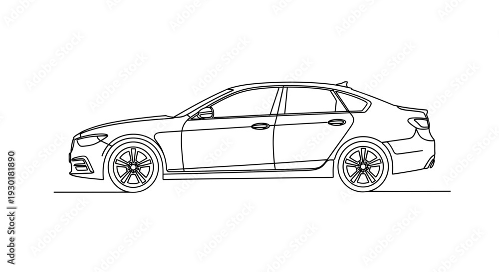 Fototapeta premium Modern Sedan Car Outline Drawing, Side View, Minimalist Line Art, Automotive Design