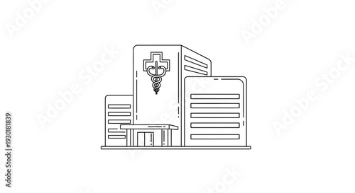 Modern Hospital Building with Caduceus Symbol, Medical Healthcare Icon