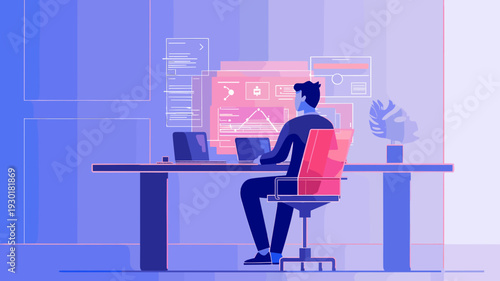 デスクで働くビジネスマン　データ分析とリモートワークのフラットイラスト