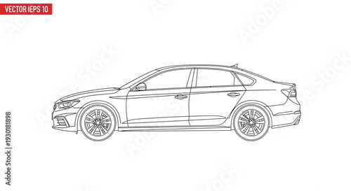 Modern Sedan Car Outline Drawing, Side View, Automotive Blueprint Style